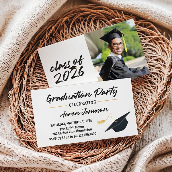 Graduation Announcement Insert Card, Grad Party Invite Template, 3.5x2 Business Card Size AND 5x3.5", Edit Online, Instant Download