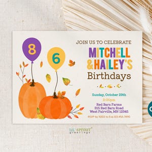 DIY Two Child Fall Double Birthday Invitation - Pumpkin Joint Party Invite Template - Editable Online w/ Corjl, Download, Print, Send E-vite