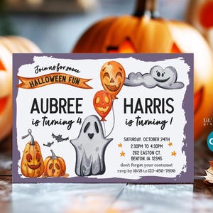 Halloween zwei Geburtstagseinladungsvorlage, DIY Kürbis & Geist bearbeitbare Party einladen, sich schnell online bearbeiten, drucken oder digital senden