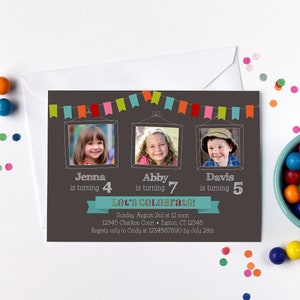 Triple Photo Birthday Invitation for 3 Kids, Three Child Party Invite with Colorful Bunting, Digital File to Print Your Own or Send E-vite