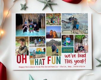 Puede incluir: Una tarjeta de felicitación rectangular con un collage de fotos de vacaciones familiares. El texto dice: OH WHAT FUN we've Had THIS year! 2025 Happy Holidays from The Brim Family - Chris, Amy, Jack & Kyle. La tarjeta está rodeada de adornos.