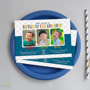 Shared Birthday Party Invite for 3 Kids, Triple Invitation with Photos for Friends, Siblings, Cousins, Printable Digital File or Send E-vite