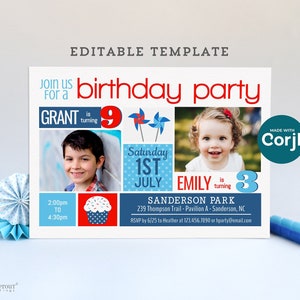 Invito doppio compleanno rosso bianco blu - 5x7 modello modificabile invito festa patriottica due bambini - modifica online download stampa JPG PDF JB8