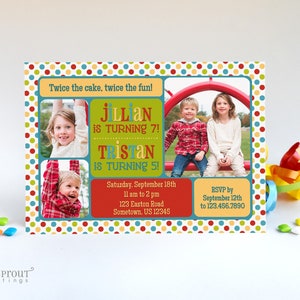 joint birthday party invitation printable digital file, gender neutral primary colors, photo invite, e-vite