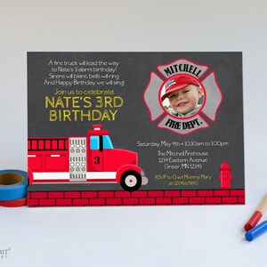 Faire-part d'anniversaire pour garçons camion de pompier - Invitation d'anniversaire de camion de pompier - Invitation d'anniversaire à imprimer - Imprimez vos propres invitations fichier PDF JPG