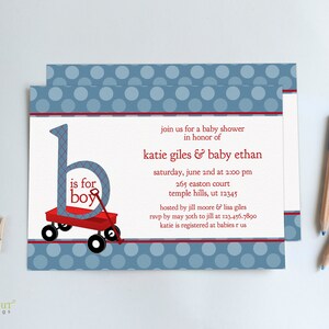 Invitación para baby shower con diseño de vagón, archivo digital personalizado para imprimir en formato PDF o JPEG para imprimir tus propias tarjetas, descarga de invitación para niño en rojo y azul