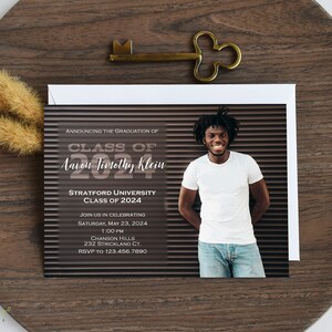 2024 graduation announcement or invitation with full bleed photo on front and text overlay