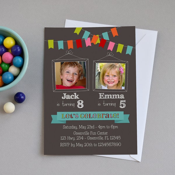 Joint Photo Birthday Invitation for 2 Kids, Double Party Invite for Boys or Girls with Colorful Bunting, Printable Digital File or E-vite