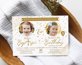 Baptism & Birthday Photo Invitation, Printable Double Event Invite - 5x7 Inch Digital File Download PDF or JPG, Choose Colors Events Wording