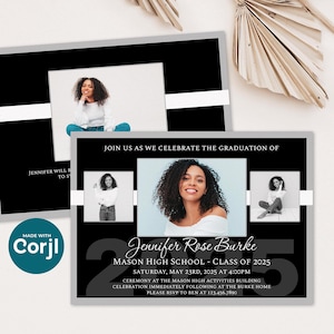 Modello di annuncio di laurea 2025, modificabile su Corjl, invito fotografico di laurea - personalizza, scarica e stampa - cambia colori, caratteri, formulazione