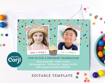 Double Birthday Invite Template for 2 Kids, 5x7 Digital Joint Party Invitation, Edit Online w/ Corjl, Download & Print or Send E-vite JB12