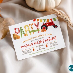 Fall pumpkin patch birthday invite template in a horizontal format with a red tractor, hay bales, pumpkins and leaves. Features multicolored wording and banner.