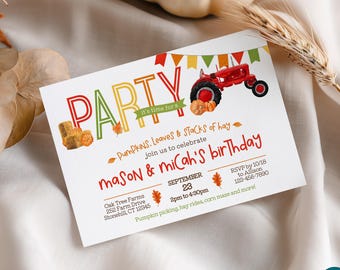 May include: A rectangular white invitation card featuring a red tractor, colorful bunting, and autumn-themed graphics. The text reads: PARTY it's time for a PUMPKINS, LEAVES & STACKS of hay join us to celebrate mason & micah's birthday SEPTEMBER 23 2pm to 4:30pm.