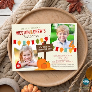 May include: A rectangular birthday invitation card featuring photos of two children, autumn leaf bunting, and a wooden sign reading it's time for some fall fun. The text includes Weston & Drew's Birthdays, dates, and location details in red and brown.