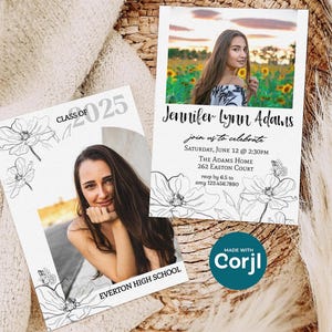 Florale Graduierung Ankündigung Vorlage, 5x7 Feminine Grad Invite mit Foto, bearbeitbar auf Corjl, moderne minimalistische Stil Party Einladung 2025