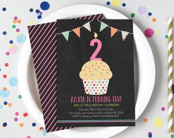 Cupcake Printable Birthday Invitation for Girls, Party Invite with Colorful Bunting, Digital File to Print Your Own Cards or Send as E-vite