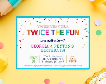 Twice the Fun Birthday Invite for 2 Kids, Colorful Joint Party Invitation, 5x7" Template in 6 Color Options, Instant Download Digital File