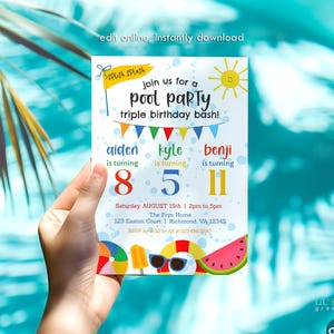 May include: A rectangular pool party invitation card featuring a yellow sun, colorful bunting, and summer graphics like a beach ball, popsicle, sunglasses, and watermelon. The text reads: SPLOSH SPLASH, join us for a pool party triple birthday bash!