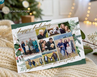 Multiple Photo Christmas Card Template - 8 Picture Self Edit Holiday Card - Printed 5x7" Cards or Instant Download Digital File