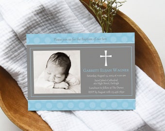 Boy Baptism Invitation with Photo, Simple Christening Ceremony Invite, Digital File Download to Print Your Own Cards or Send E-vite Text