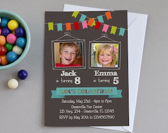 Joint Photo Birthday Invitation for 2 Kids, Double Party Invite for Boys or Girls with Colorful Bunting, Printable Digital File or E-vite