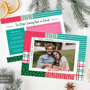Puede incluir: Tarjetas de felicitación navideñas con una foto familiar, con el texto "Merry Christmas" y "The Miller Family". Las tarjetas tienen un diseño festivo con detalles en rojo, verde y turquesa, e incluyen el texto "Wishing You A".