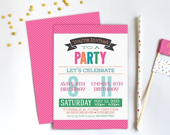 Sisters Double Birthday Party Invitation, Two Girls Shared Bday Invite, Pink Printable Digital File PDF JPEG, Print Your Own Joint Invite