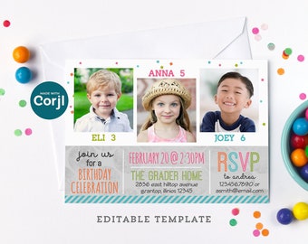 Three Child Birthday Invite Editable Template, 5x7 Triple Party Invitation to Edit Online w/ Corjl, Download & Print or Send E-vite