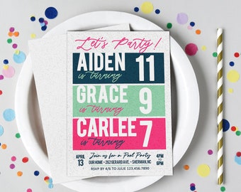 Triple Printable Birthday Invitation - Three 3 Child Party Invite - Choose Your Colors - Digital File to Print Your Own Cards or Send E-vite