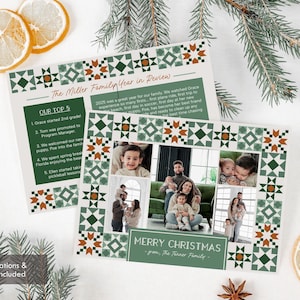 Könnte beinhalten: Ein Weihnachtskartendesign mit Familienfotos, einem grün-weißen geometrischen Muster und dem Text "Merry Christmas". Die Karte enthält Platz für einen Jahresrückblick der Familie und ist mit Tannenzweigen und getrockneten Zitrusfrüchten dekoriert.