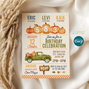 Editable Pumpkin Patch Triple Birthday Invitation, Rustic Fall or Farm 3 Child Invite Template DIY, Digital Download to Print or Send E-vite