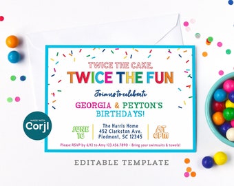 Twice the Fun Editable Birthday Invitation Template for 2 Kids, 5x7 Joint Party Invite, Edit Online w/Corjl, Download & Print or Send E-vite