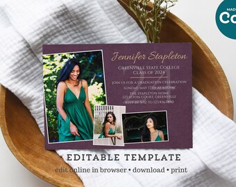 Editable Graduation Announcement for Corjl, Class of 2024 Grad Invitation Template to Edit Online, Download & Print, Customize Colors, Fonts