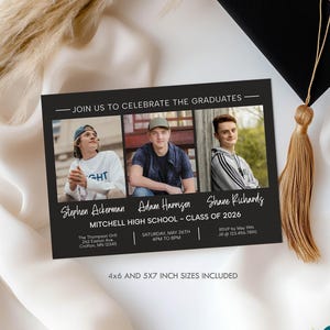 May include: A graduation announcement card with three photos of graduates. The black card includes the text "Join us to celebrate the graduates" and details for Mitchell High School's Class of 2026. Includes 4x6 and 5x7 inch sizes.