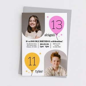 Redigerbar dubbelfotoinbjudan till födelsedag - 5x7" gemensam födelsedagsinbjudningsmall, anpassa färger, ladda ner digital fil direkt