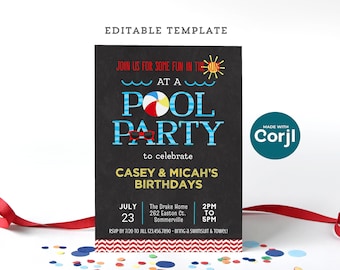 Pool Party Birthday Invitation Editable Template for 1 or 2 Kids, 5x7" Digital Party Invite, Edit Online- Download- Print or Send as E-vite