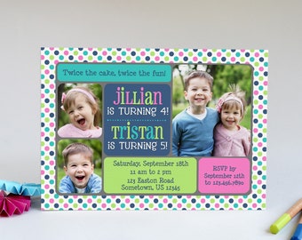 Sibling Joint Birthday Invite Digital File, Two Child Photo Invitation for Shared Boy Girl Party, Printable JPG or PDF or E-vite