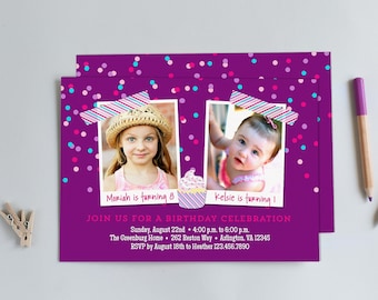 Dual Birthday Invitation for Girls, Two Child Joint Party Invite for Sisters, Digital File to Print Your Own Cards or Send E-vite