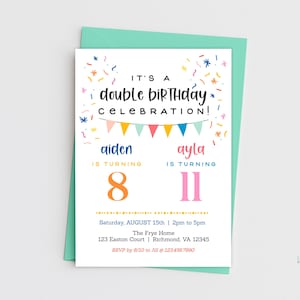 Editable Double Birthday Invitation for 2 Kids - Colorful Joint Party Invite Template - Edit Online, Instantly Download 5x7" Digital File