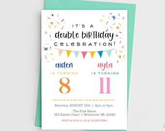 Invito di compleanno doppio modificabile per 2 bambini - Modello di invito colorato per festa congiunta - Modifica online, scarica subito il file digitale 5x7"