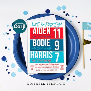 Triple Birthday Invitation DIY 5x7 Template - Edit Online- Download- Print Your Own- Editable Digital Invite 3 Kids- PDF JPG file- Corjl JB6