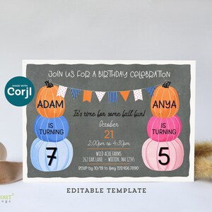 Convite de aniversário de abóbora de irmão Modelo editável, festa de outono ou Halloween - Editar online com Corjl, baixar e imprimir, enviar convite digital