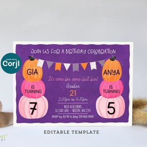 Faire-part d'anniversaire double citrouille automne pour 2 filles soeurs - Modifier l'invitation d'Halloween en ligne avec Corjl, télécharger et imprimer ou envoyer une invitation numérique