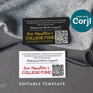 Abschluss-Einlegekarte für College-Fonds mit QR-Code, bearbeitbare Vorlage Corjl, Anpassen, sofortiger Download und Druck, zwei Größen inklusive