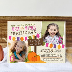 Faire-part d'anniversaire commun pour filles, 5 x 7 po., double anniversaire, invitation anniversaire, 2 enfants ferme automne, fichier numérique imprimable ou invitation électronique