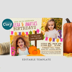 Convite colorido de aniversário de outono para irmãs, convite de abóbora de outono para 2 crianças, modelo editável Corjl, baixe e imprima ou envie como um e-vite