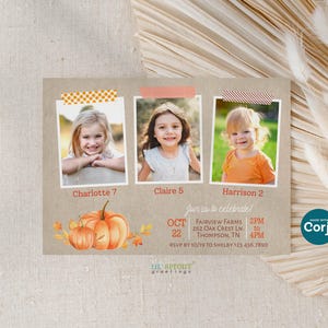 DIY Fall Joint Birthday Invite with Photos for 2 or 3 Kids, Pumpkin Triple Party Invitation, Edit Yourself Online w/ Corjl, Digital Download