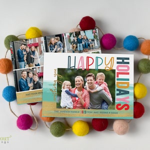 Bright Colorful Holiday Xmas Card - Rainbow Gold Christmas Card with Single Photo - Optional Back, Printable Digital File PDF JPEG, 5x7 inch