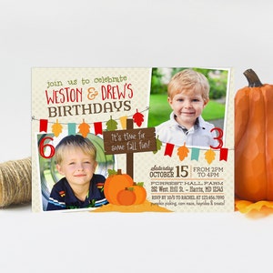 Invitation d'anniversaire double automne pour 2 enfants, 5 x 7 po. Invitation de fête commune citrouille colorée avec photos, imprimer vos propres cartes ou fichier numérique