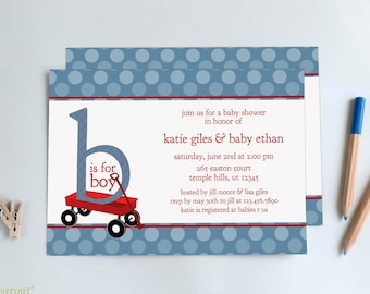 Wagon Baby Shower Einladung, personalisierte druckbare digitale Datei in PDF oder JPEG zum Drucken Ihrer eigenen Karten, Rot und Blau Junge einladen Download